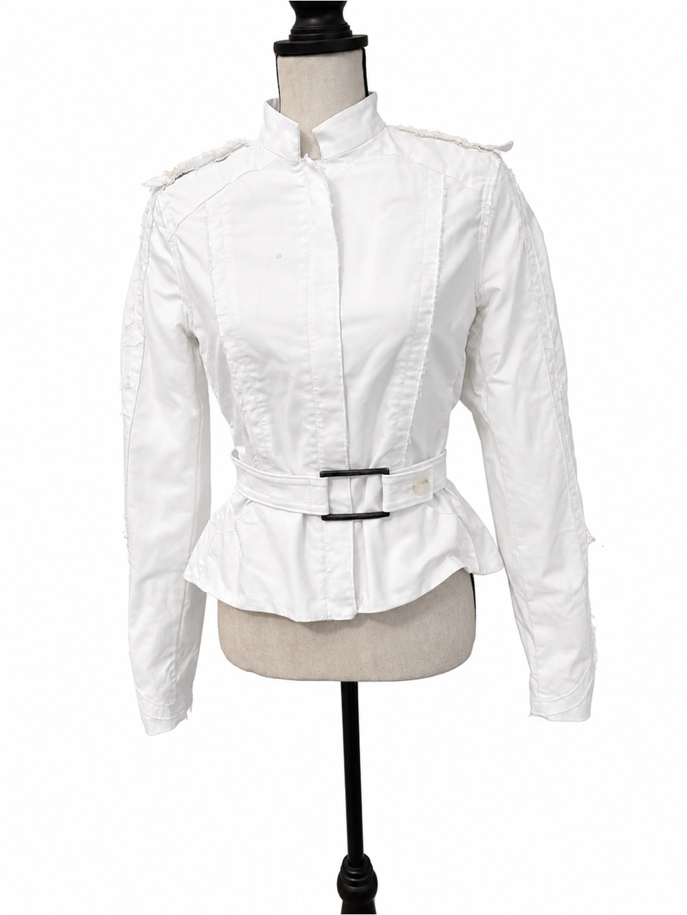 Stella McCartney White Distressed Raw-Edge Belted Moto Jacket IT 42 🤍